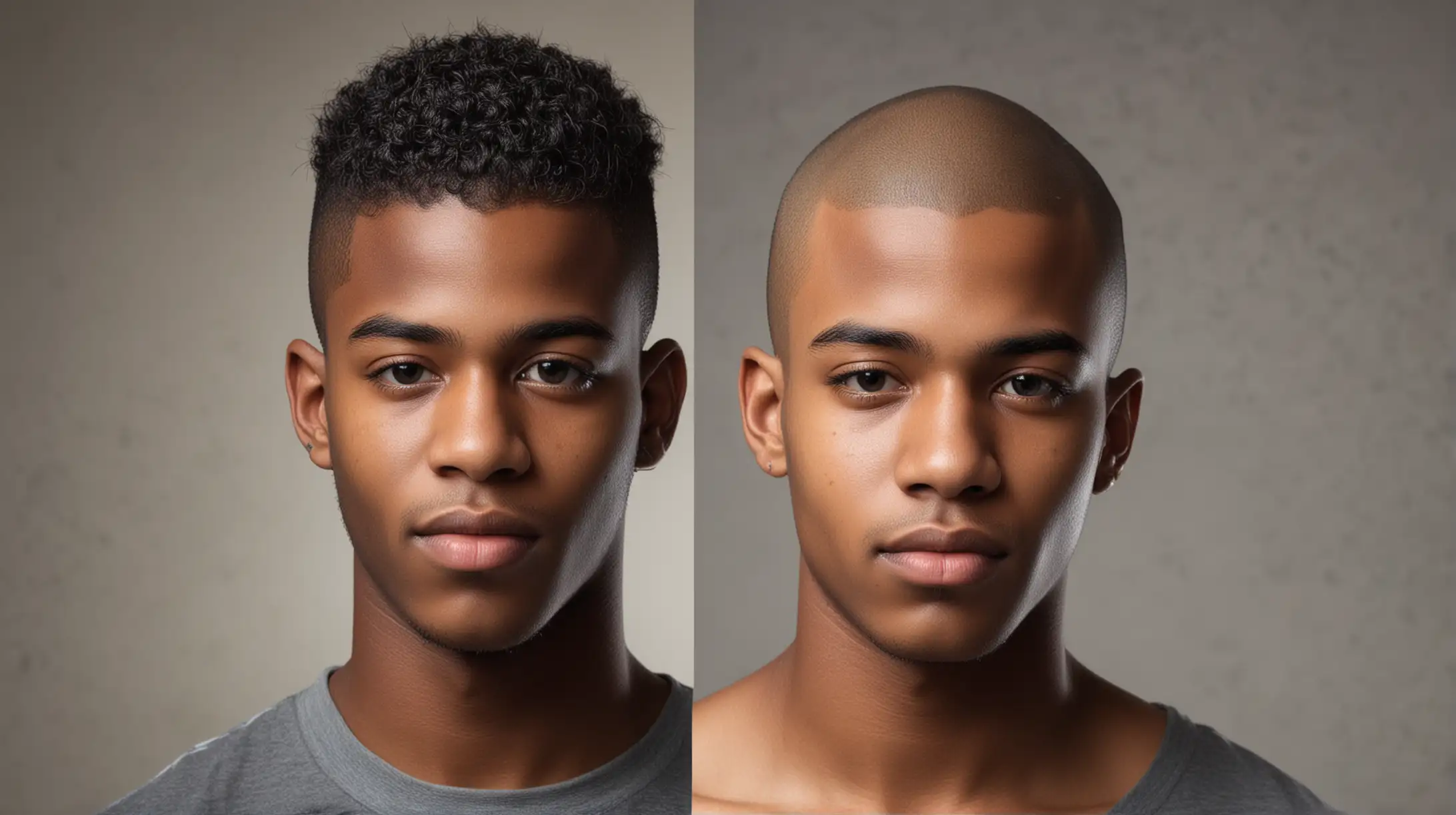 a portrait of a young black male in his 20's with half his head shaved and the other half with hair 