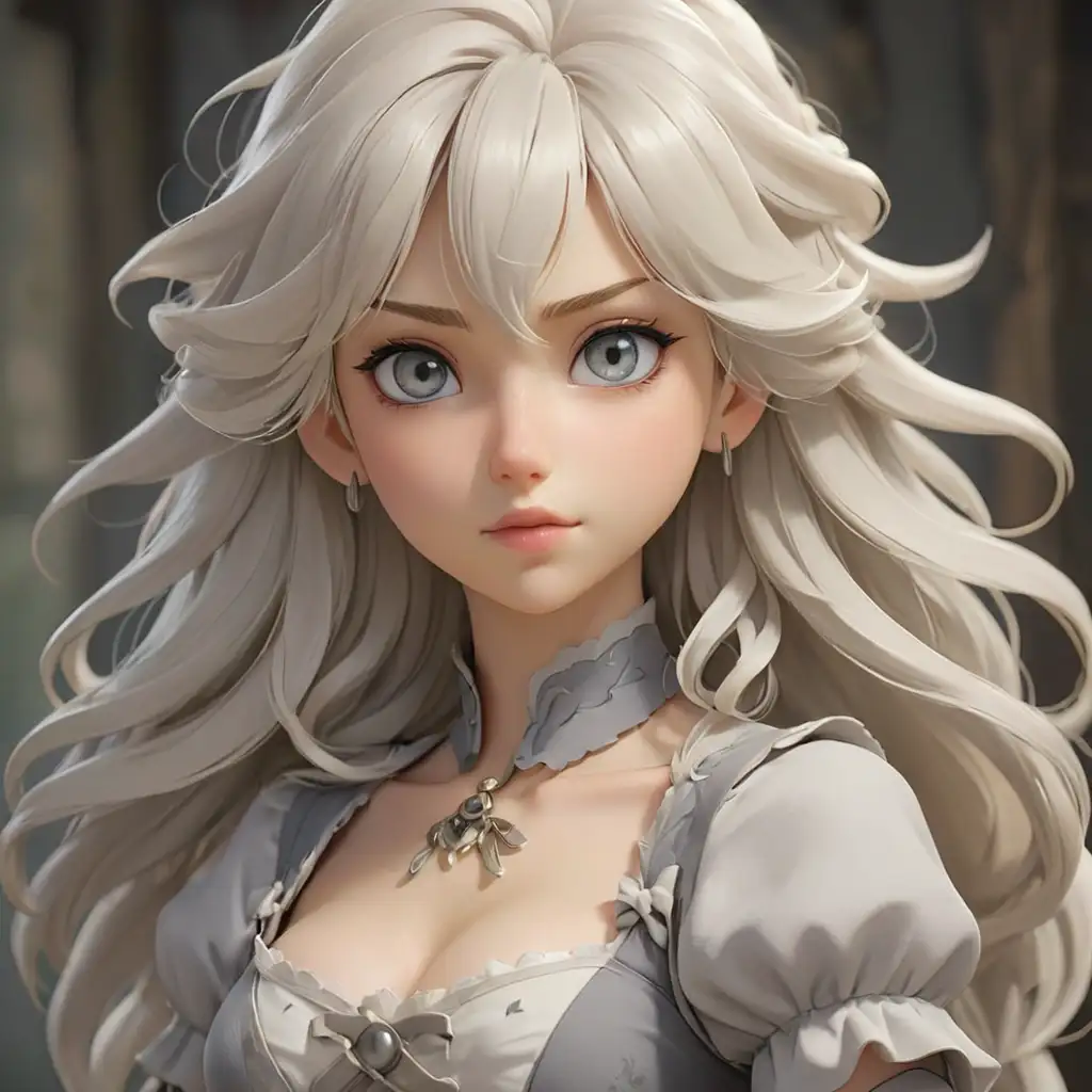 Beautiful anime maiden with white blonde hair and pale gray eyes 