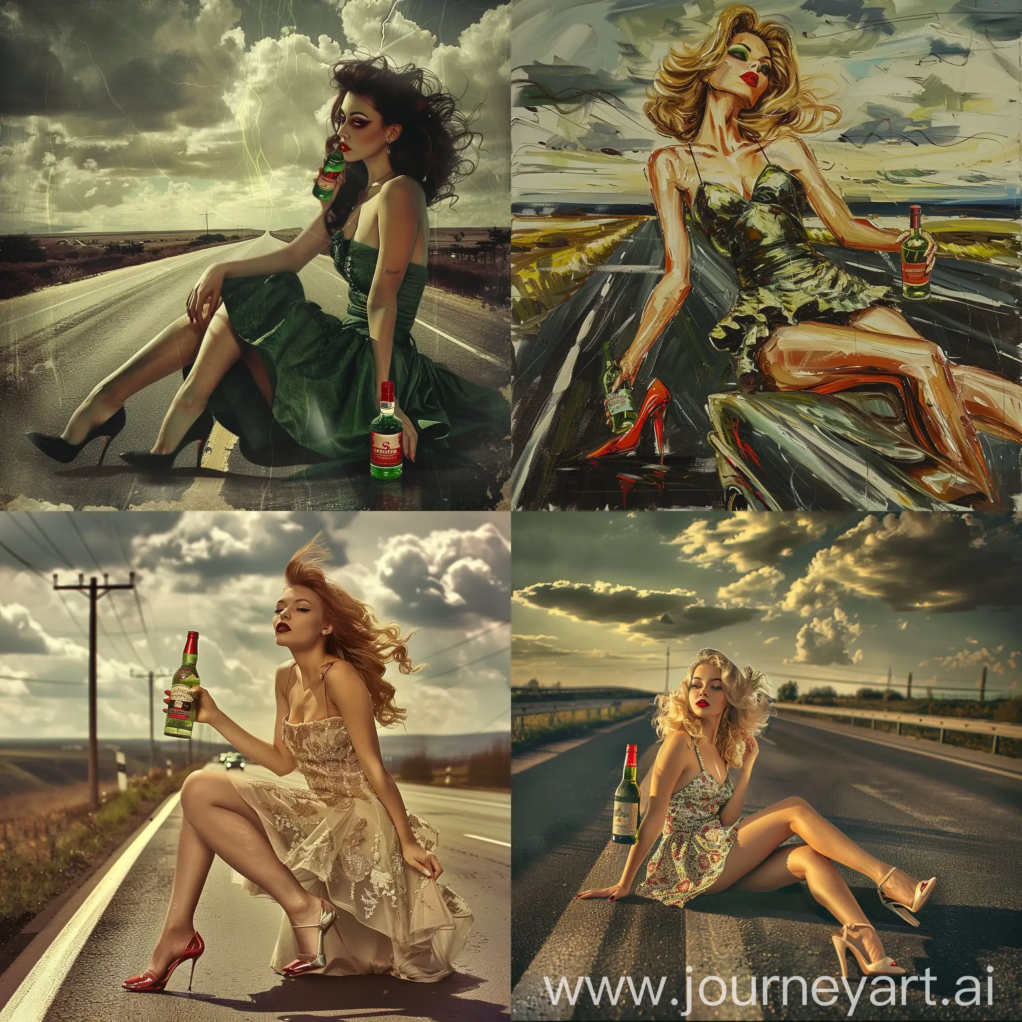 Stylish-Woman-with-Red-Lipstick-and-Absinthe-Bottle-on-Highway