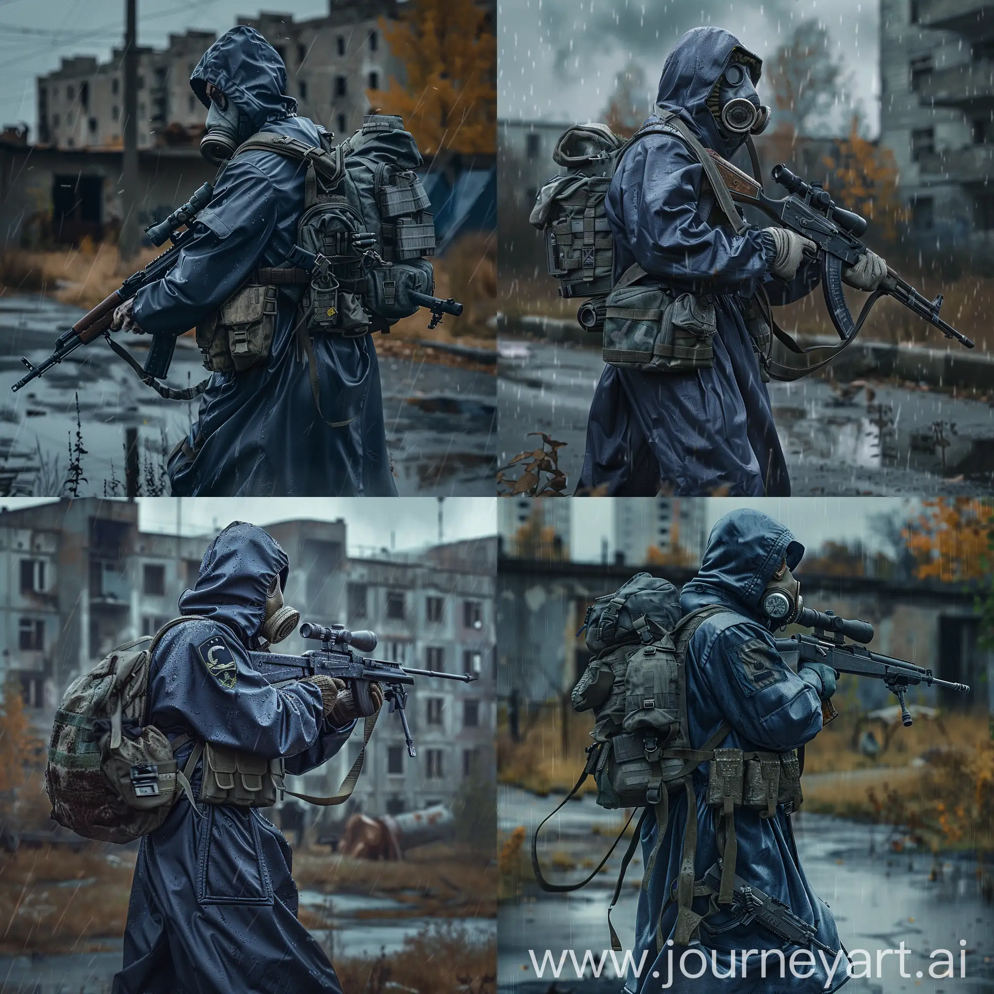 mercenary from the universe of S.T.A.L.K.E.R., a mercenary dressed in a dark blue military raincoat, gray military armor on his body, a gas mask on his face, a small military backpack on his back, sniper rifle in his hands, mercenary loner walk in abandoned soviet city Pripyat, gloomy autumn, soft radiation rain.
