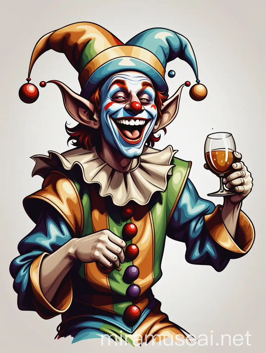 A drunk, stupid and laughing jester, on a white and lightbrown background, in fantasy drawing style