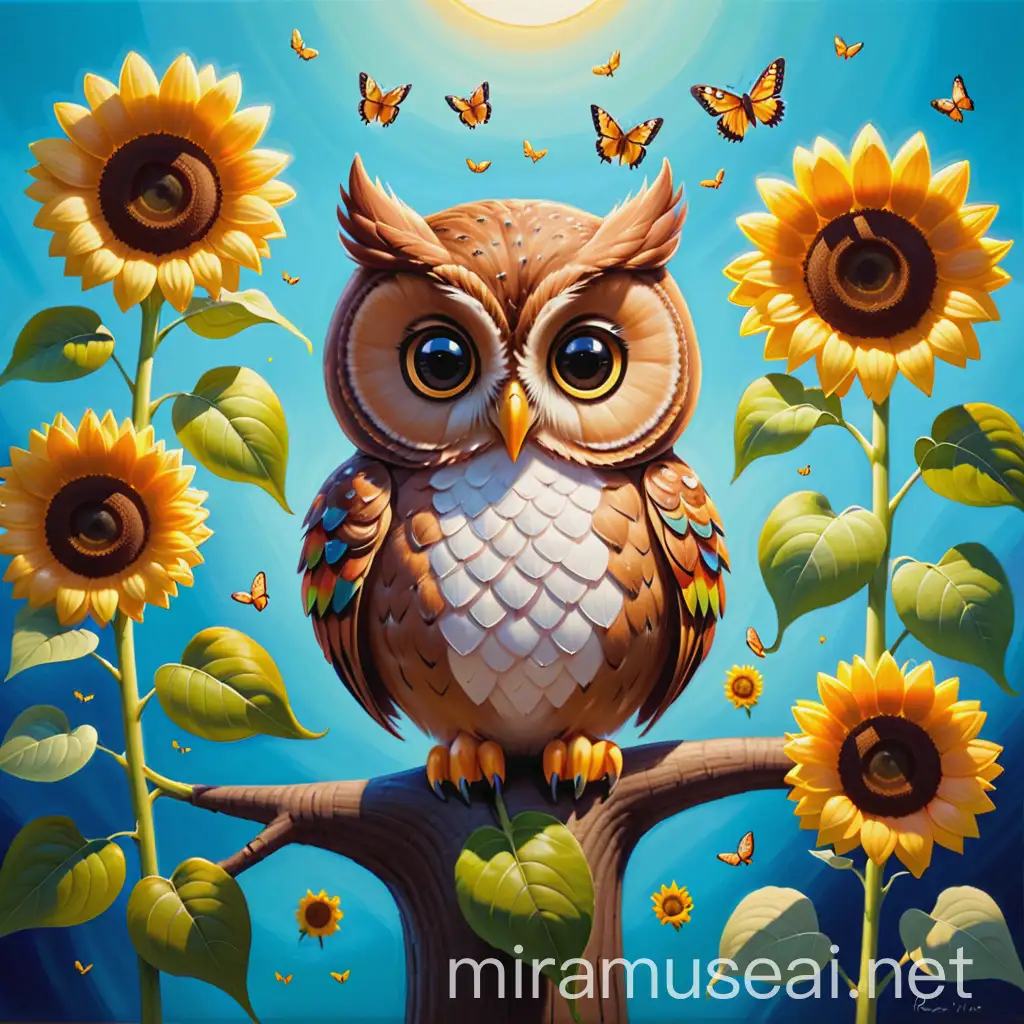 Cartoon Owl Admiring a Sunflower by the Money Tree in an Oil Painting