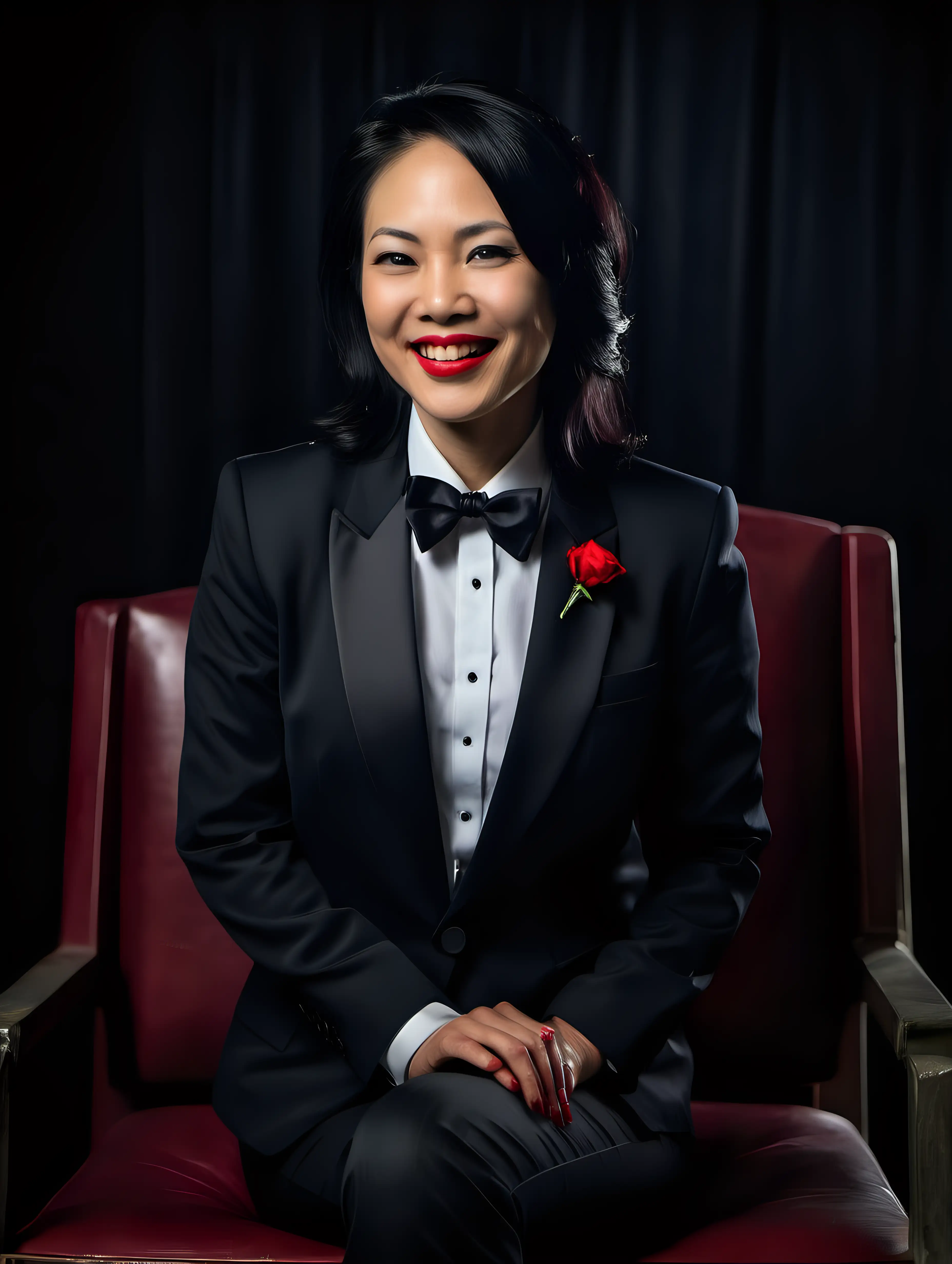 A portrait of a pretty 40 year old Vietnamese woman with shoulder length black hair and red lipstick is sitting in a chair in a dark room.  She is facing forward.  She is smiling and joyful and ecstatic.  She is wearing a tuxedo.  (Her jacket is open and not buttoned.) (Her pants are black.) Her shirt is white with a black bow tie.  Her cufflinks are large and black.  Her jacket is open and has a corsage. 