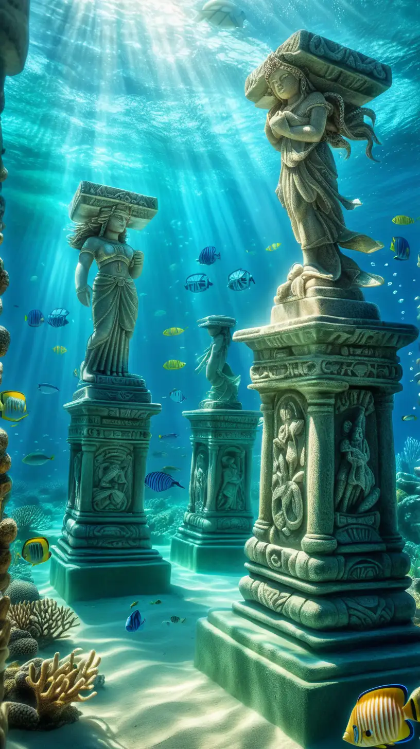 An underwater paradise with sunlight filtering through the water, illuminating a vibrant coral reef teeming with life. Statues and remnants of a civilization hint at a lost world. (Flooded Forever)
