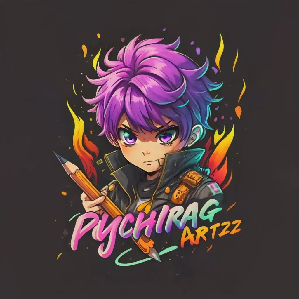 a logo design,with the text "DYCHIRAG ARTZZ", main symbol:anime boy with pencil in hand and with purple hairs and hot eyes,complex,clear background