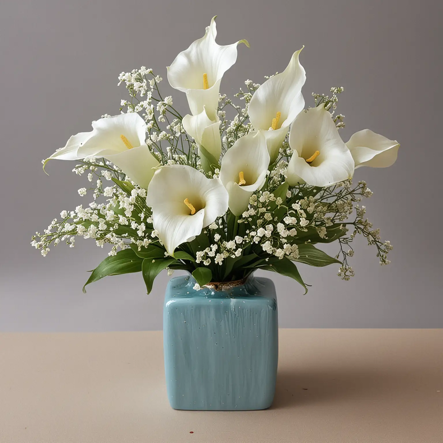 ice blue square ceramic vase with calla lilies and baby's breath
