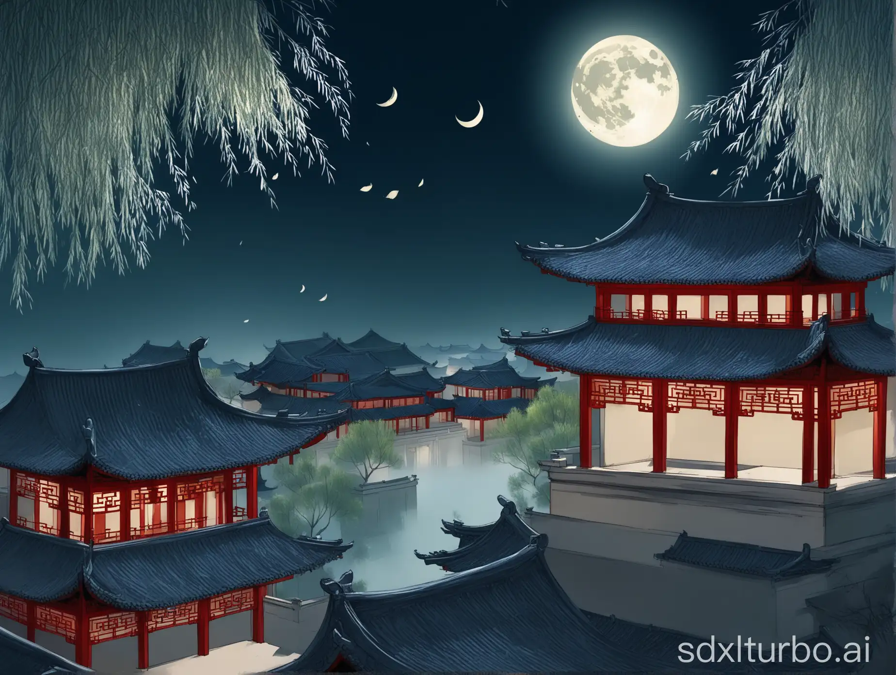 硕大又圆又亮的月光下，中国古典建筑屋顶上，柳树叶在随风摆动