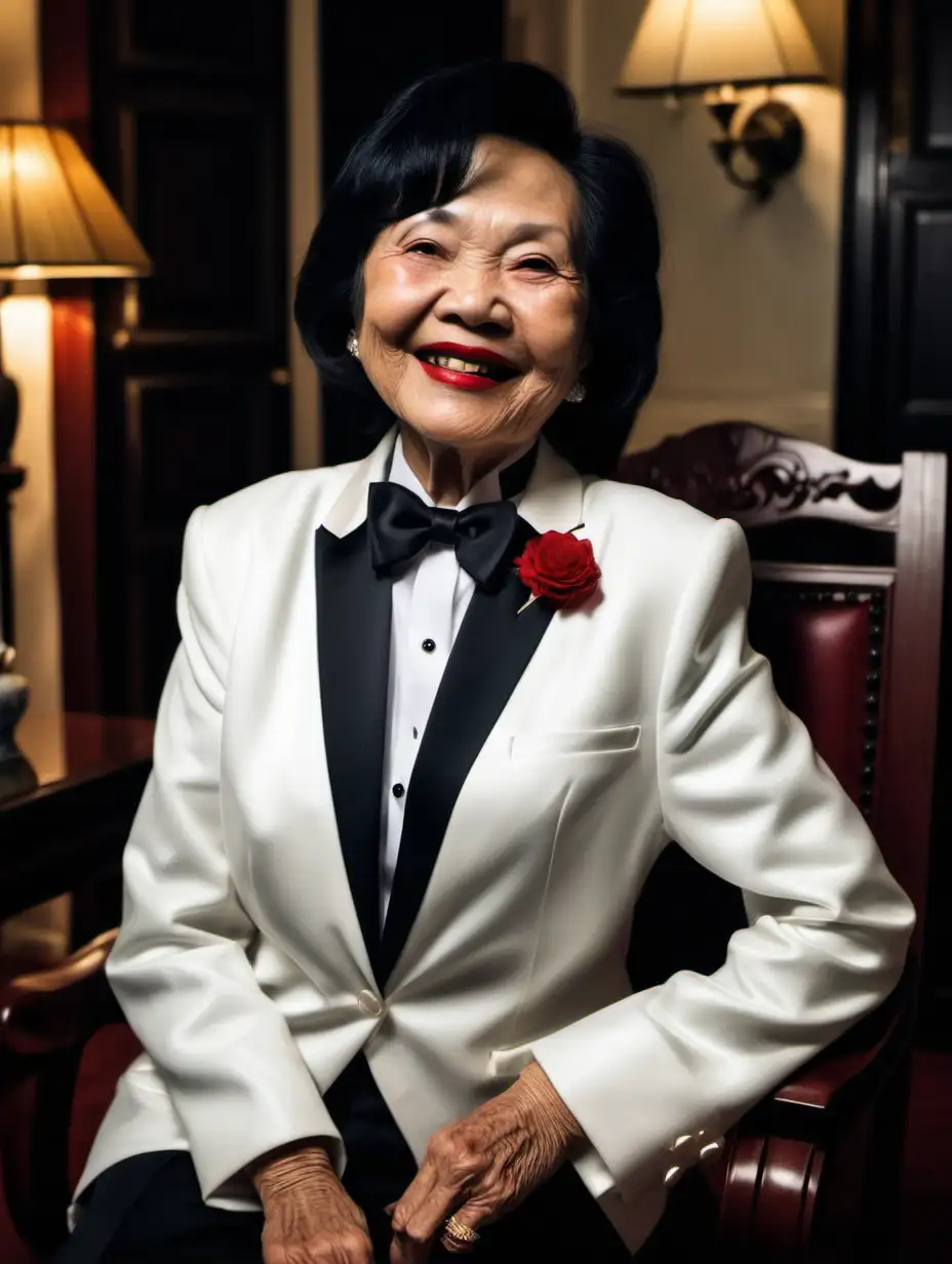 It is night. A grinning 70 year old Vietnamese woman with medium length black hair and red lipstick is sitting in a dark room in a mansion. She is facing forward. She is wearing an ivory dinner jacket with a corsage and a white shirt and a black bowtie and black cufflinks and black pants. She is relaxed. Her jacket is open.