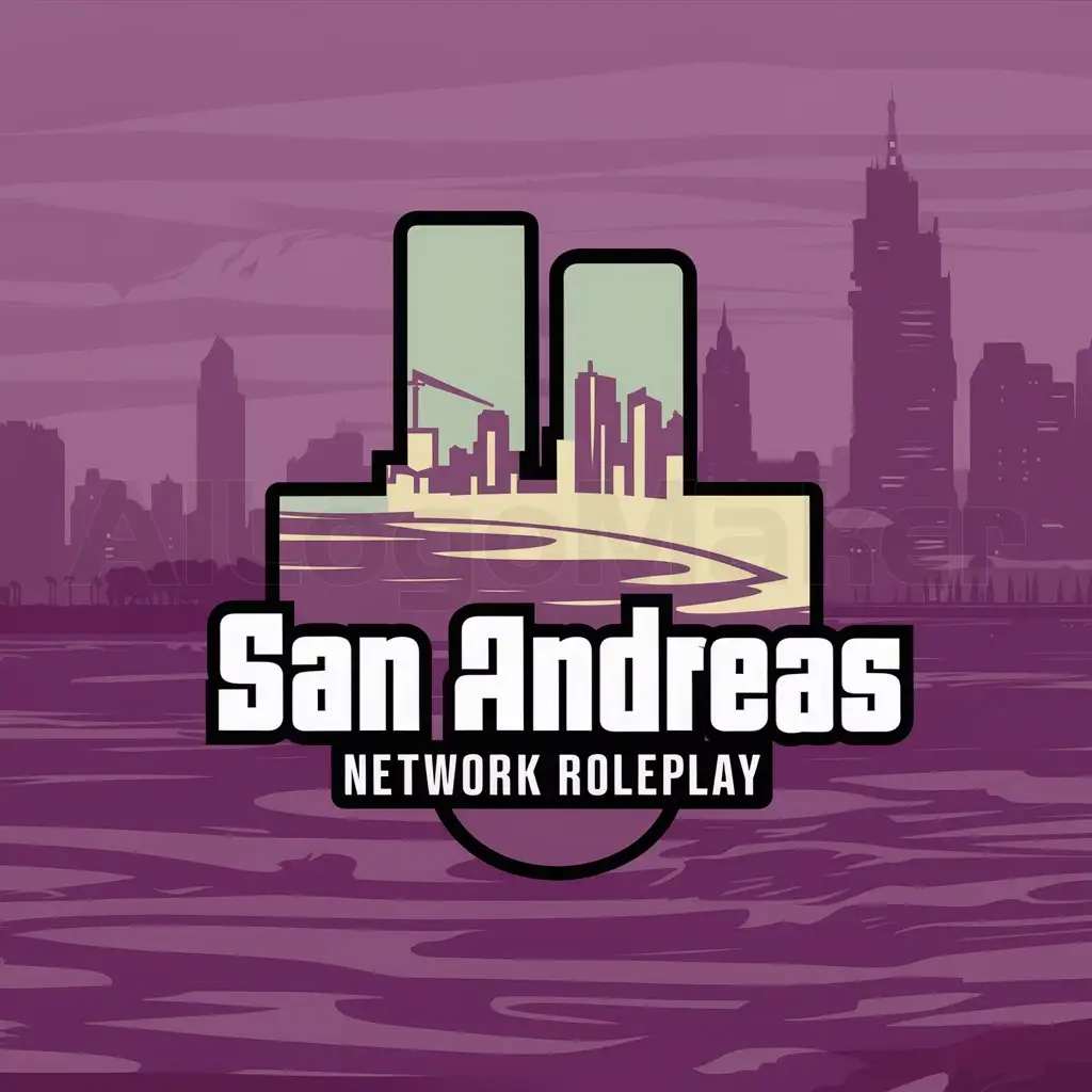 a logo design,with the text "San Andreas Network Roleplay", main symbol:City Outline Beach with Purple Background extended,Moderate,be used in GTA5 industry,clear background