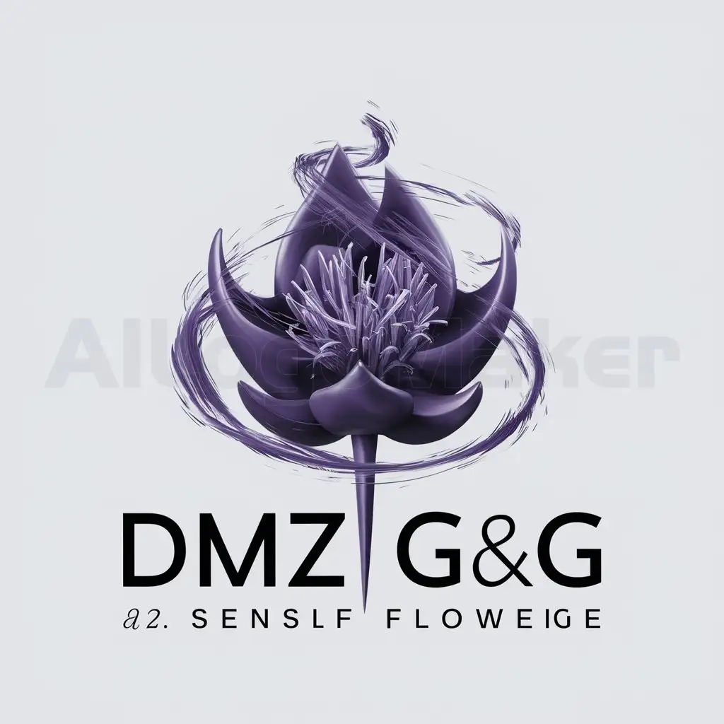 a logo design,with the text "DMZ G&G", main symbol:A unique looking flower purple tones for color of the flower and a mysterious aura swirling around it from the top to its stem,complex,be used in Self industry,clear background