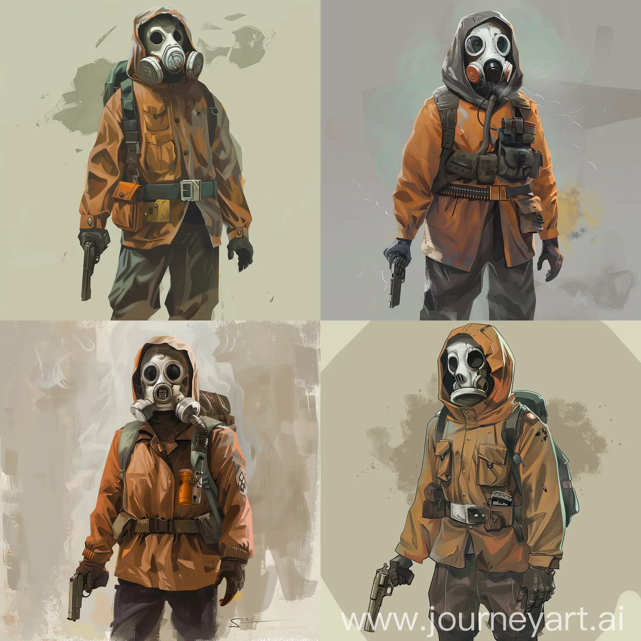 Concept art, comics style, stalker lone newcomer, a gasmask, a dirty light brown jacket, a Soviet belt, a small backpack on his back, a light military discharge on his body, pistol in one hand.