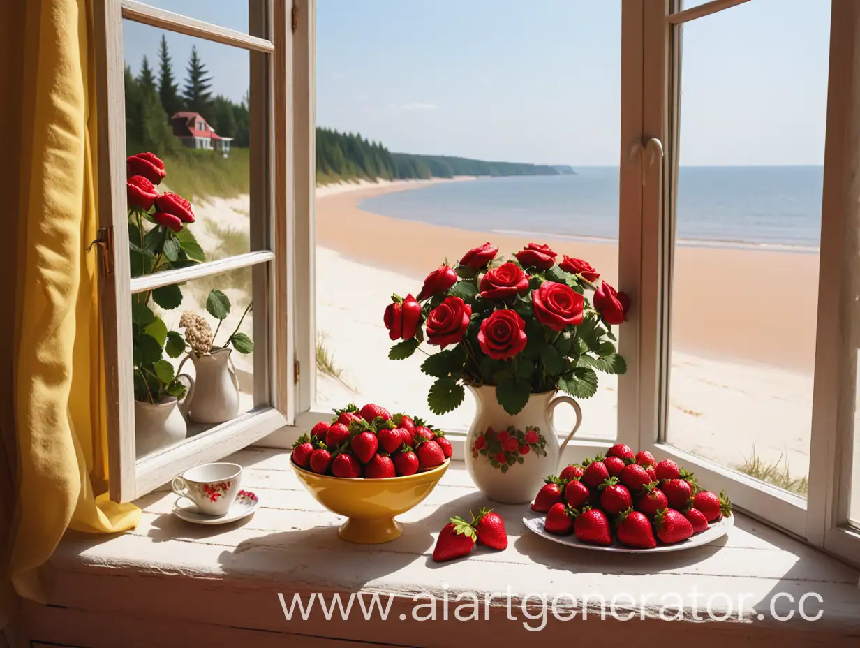 cozy house on the seashore: Strawberries, scarlet roses, woods, On the beach of yellow sand  You'll see from the open window 