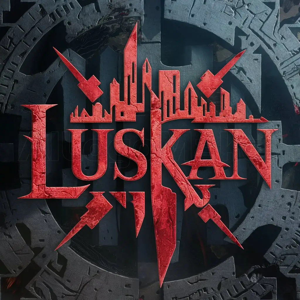 a logo design,with the text "Luskan", main symbol:a logo design, with the text 'Luskan', main symbol:logo fantasy, d&d, dark, violent, 3d, cinematic, clean sign logo, Dark Souls look like, majestik, sharp focus, cinematic lighting, photorealistic, medieval, Moderate, intricate background, scale of grey, sharp contours like bloodstained blades, it's the name of fantasy city full of criminal, pirates and assassins,Moderate,clear background