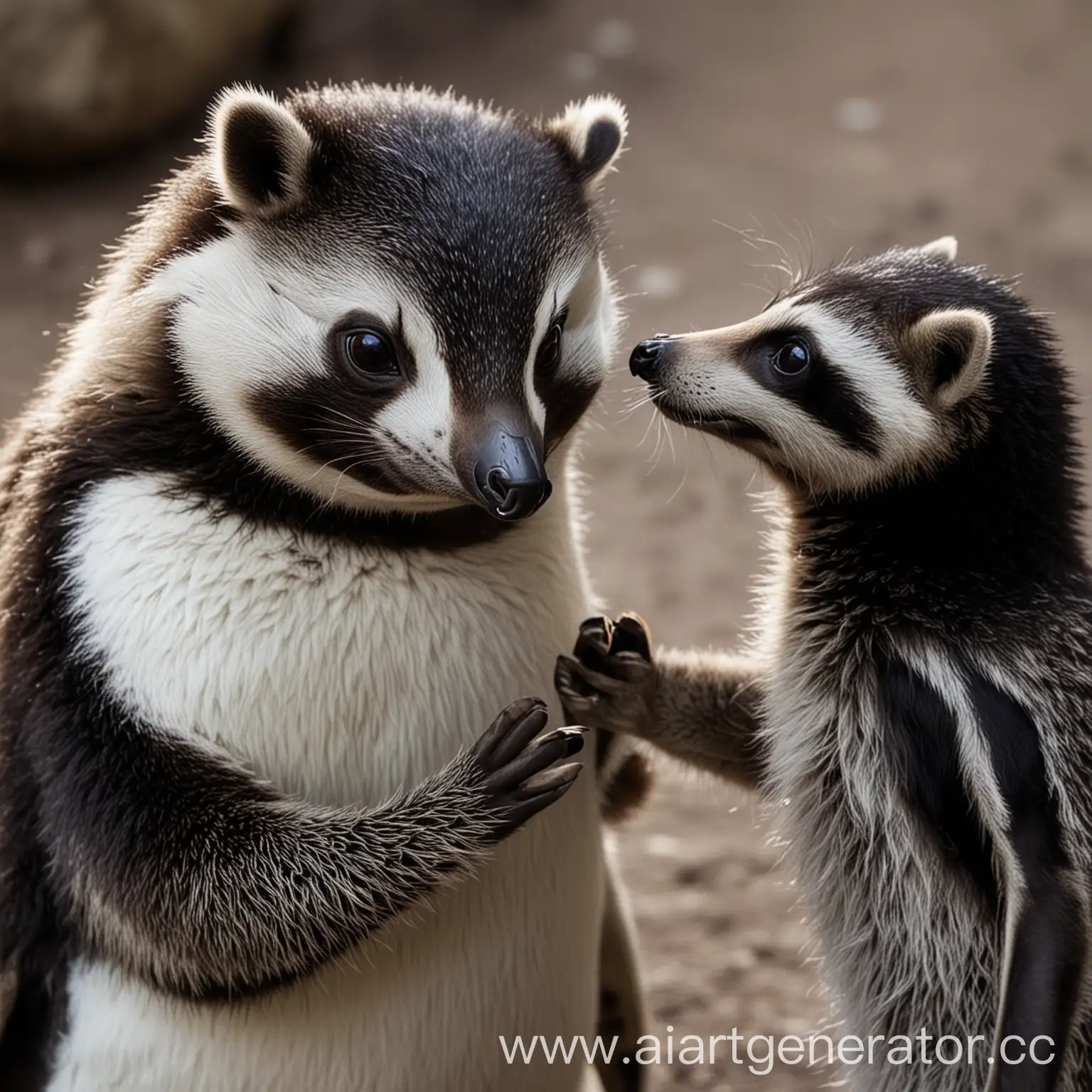 пингвин смотрит на енота влюбленными глазами и держит за руку
