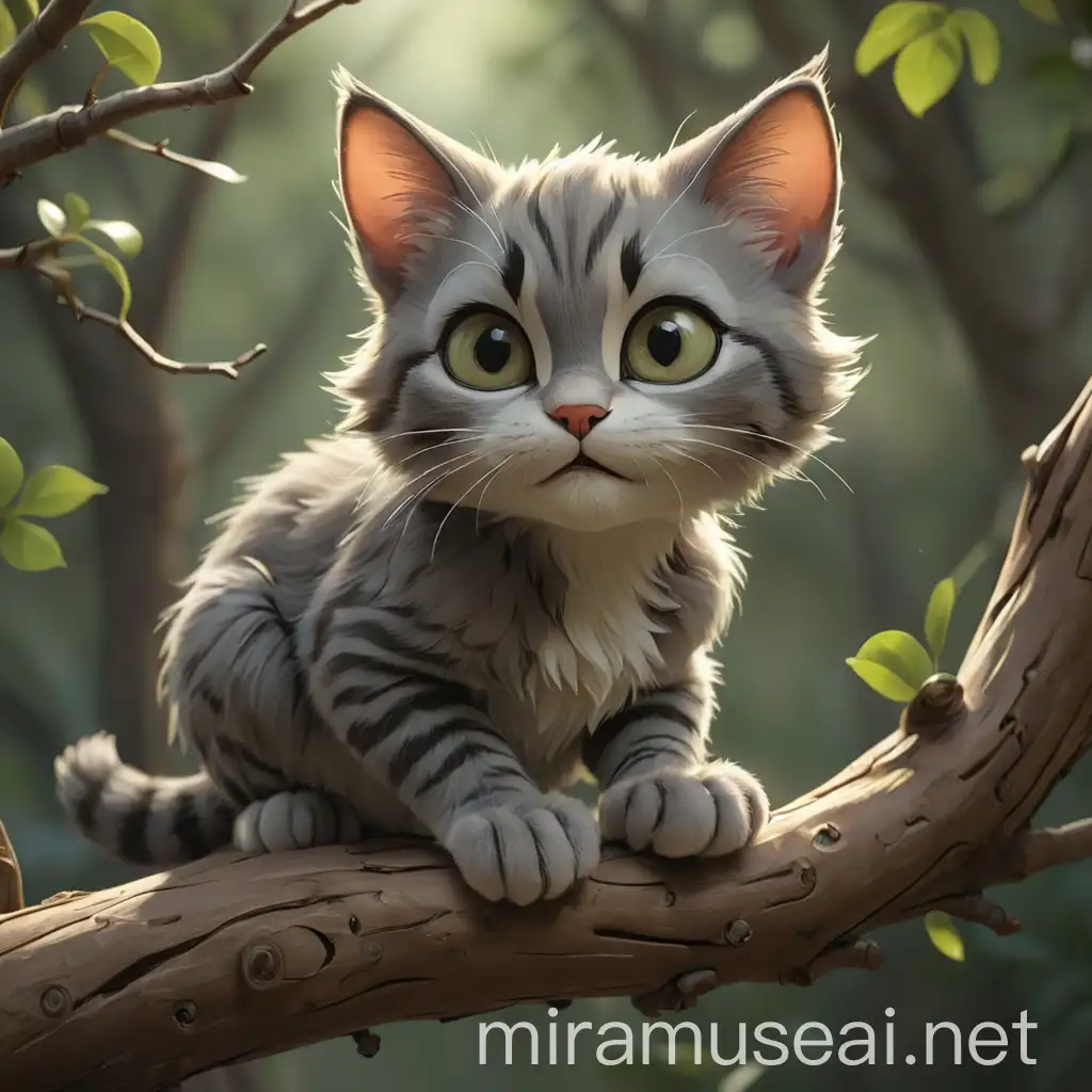 DisneyStyle Little Cat on Tree Branch