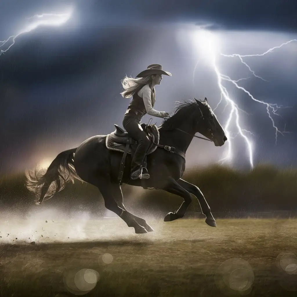 Female lone rider, western style, horse galloping fast, away from the storm, flying in the air, dreamlike, colorist, rider in the storm theme, bokeh,  cinematic style