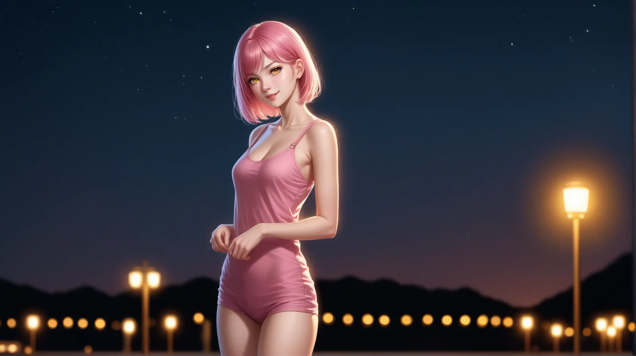 Draw a woman, short pink hair, yellow ringed eyes, slender figure, high quality, realistic, accurate, detailed, long shot, outdoors, night lighting, casual outfit, seductive pose, smiling toward viewer