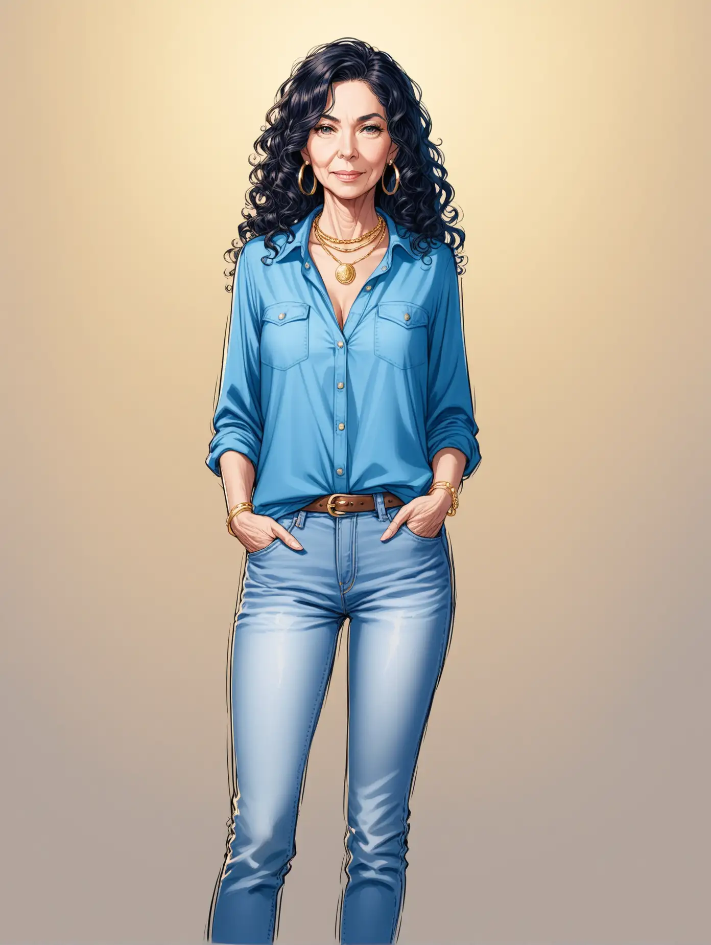 Confident-Mature-Woman-Standing-Hands-in-Pockets-with-Elegant-Gold-Jewelry