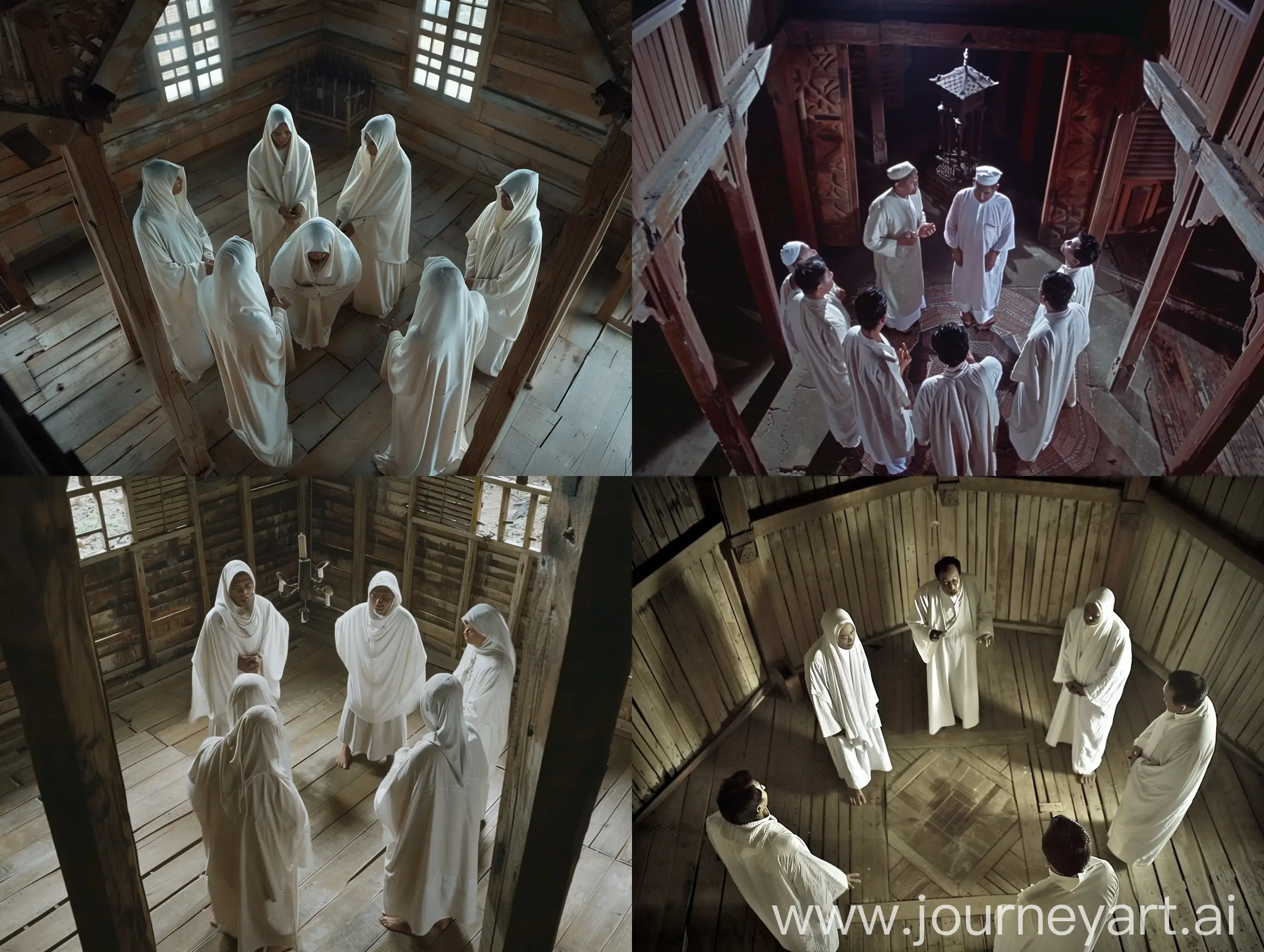 cinematic horror film, 5 Indonesian men dressed in white robes, gathered in a circle, inside a wooden mosque,