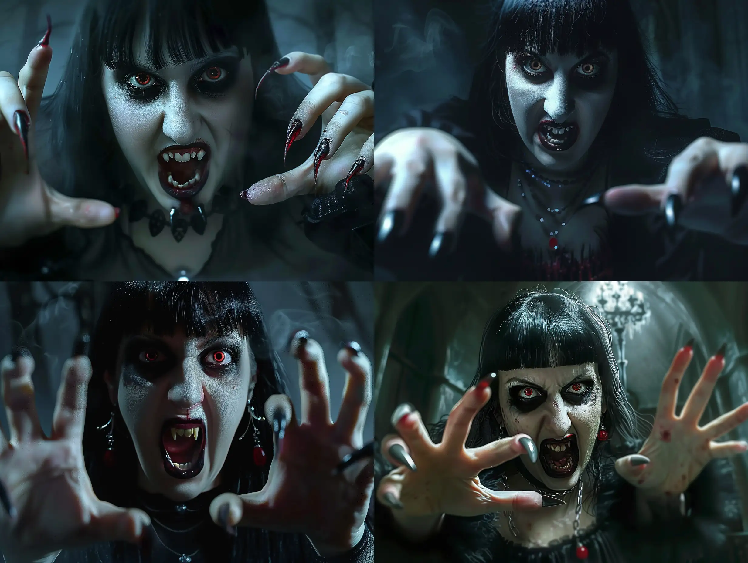 Photorealism nightmare scene of a monstrous female vampire with long, curved, pointed nails, exuding an aggressive and terrifying presence. Her pointed, crooked teeth form a scary expression amidst a dark and atmospheric setting. The high-quality depiction should capture the aggressive attack, emphasizing her predatory fangs and detailed nails in a hyper-realistic manner. The lighting should contribute to the horror atmosphere, ensuring a full-body portrayal with realistic hyper-detail. The character design should convey a playful yet menacing quality, with full anatomical accuracy including distinctly human hands with five fingers. The final image must be very clear without flaws, portraying the vampire with unparalleled photorealism.