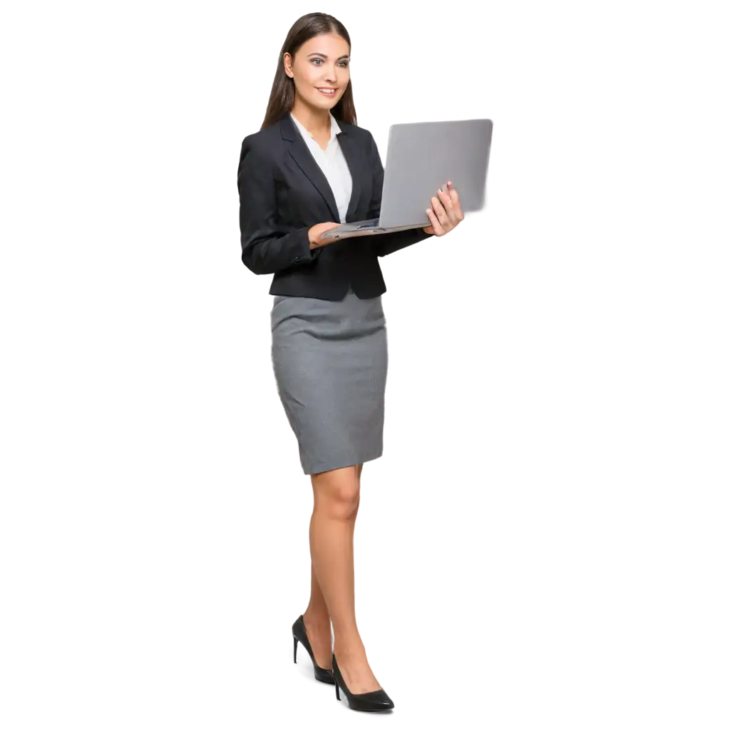 neatly dressed office woman standing holding a laptop