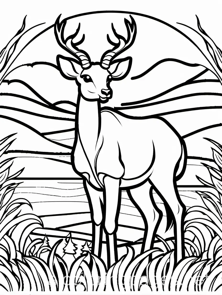 Antilope coloring book page, very clear thick outline drawing, no background, --no complex patterns,, Coloring Page, black and white, line art, white background, Simplicity, Ample White Space. The background of the coloring page is plain white to make it easy for young children to color within the lines. The outlines of all the subjects are easy to distinguish, making it simple for kids to color without too much difficulty