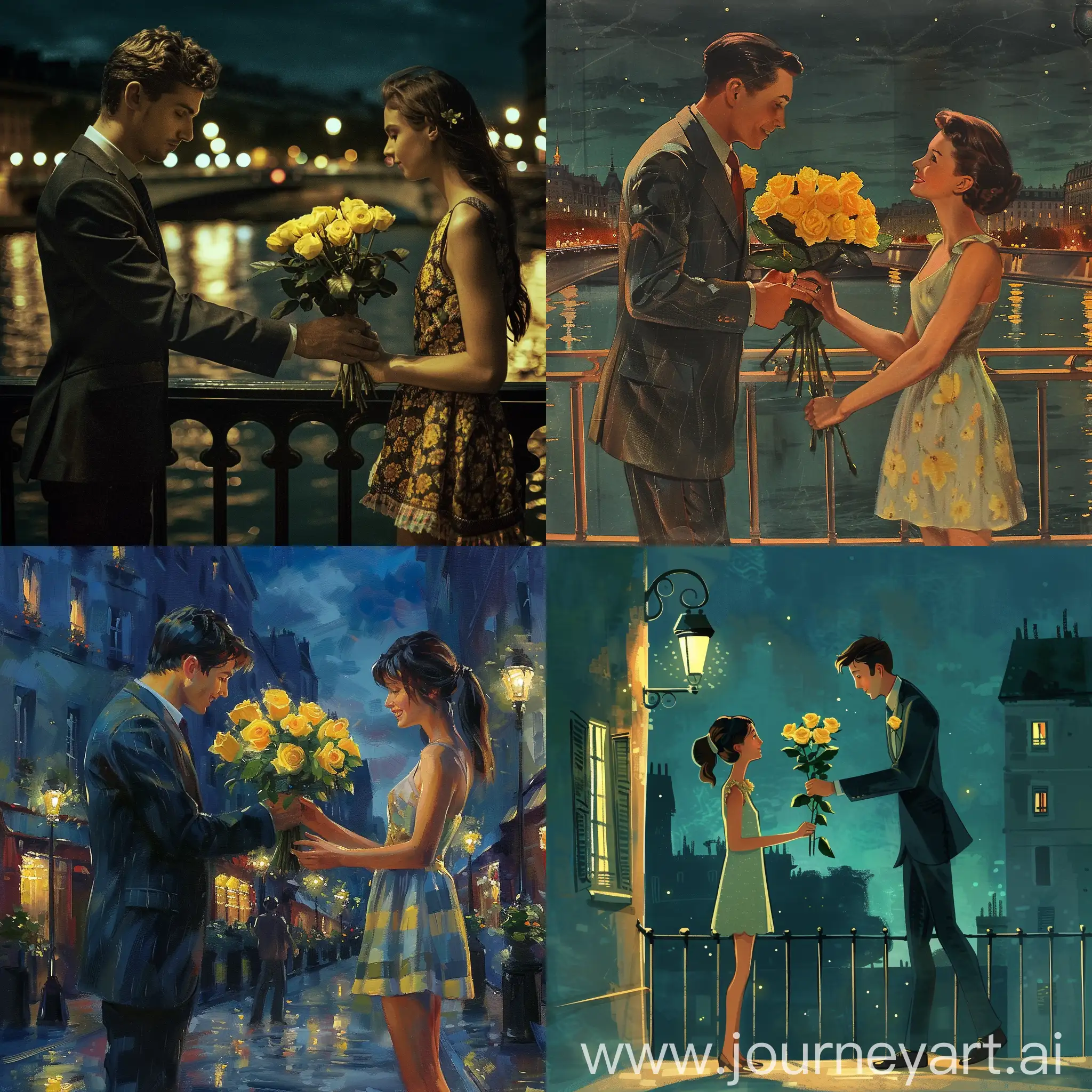 A gentle man in suits gives a bouquet of yellow roses to a girl in summer dress. Romantic style. Paris night.