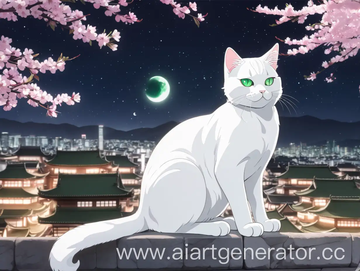 Anime-Style-White-Cat-with-Green-Eyes-Sitting-on-Sakura-Blossom-at-Night