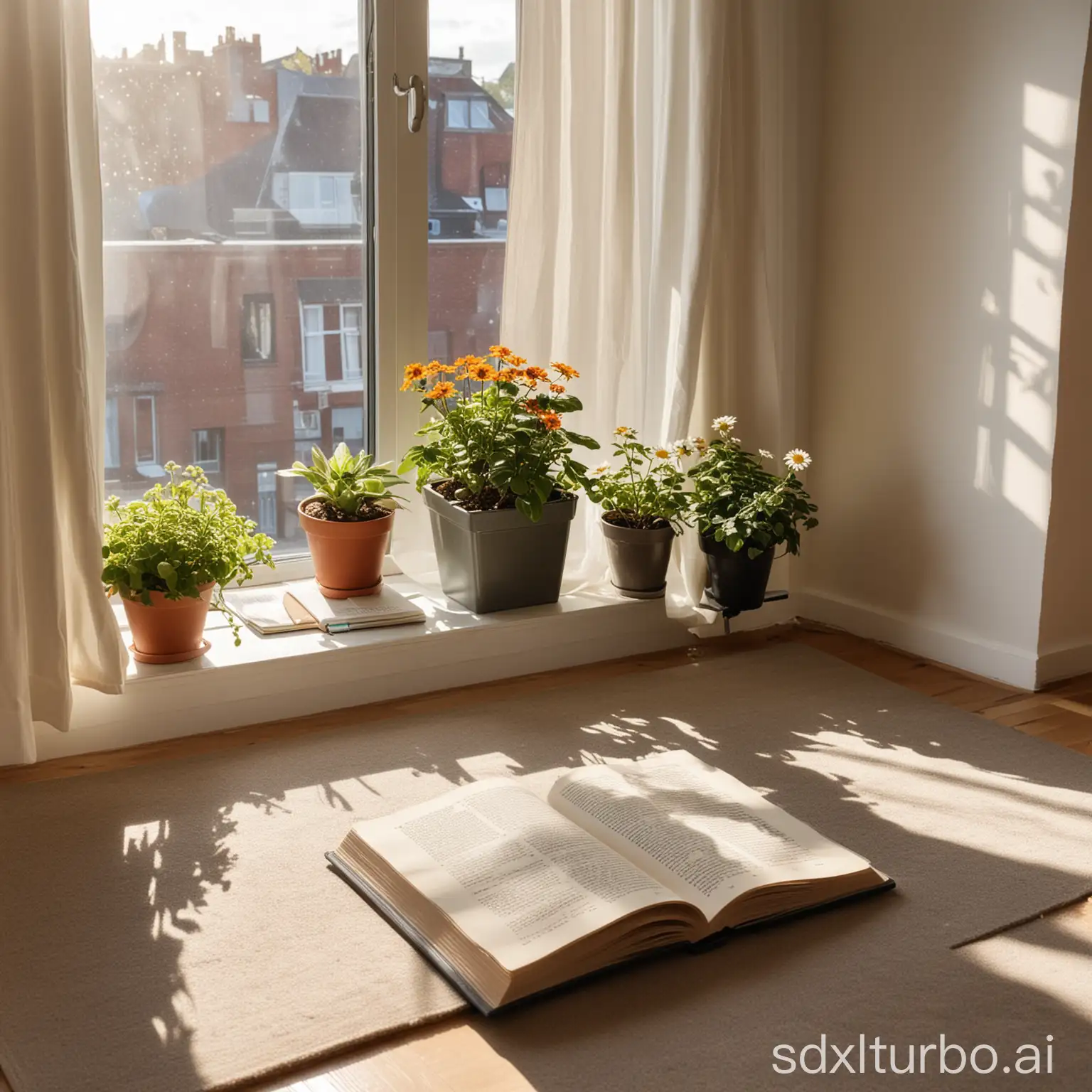 In the living room, there is a sofa, a carpet, coffee on the desk, along with an open book. By the windowsill, there is a flowerpot on the ground, with sunlight shining through the window onto it.