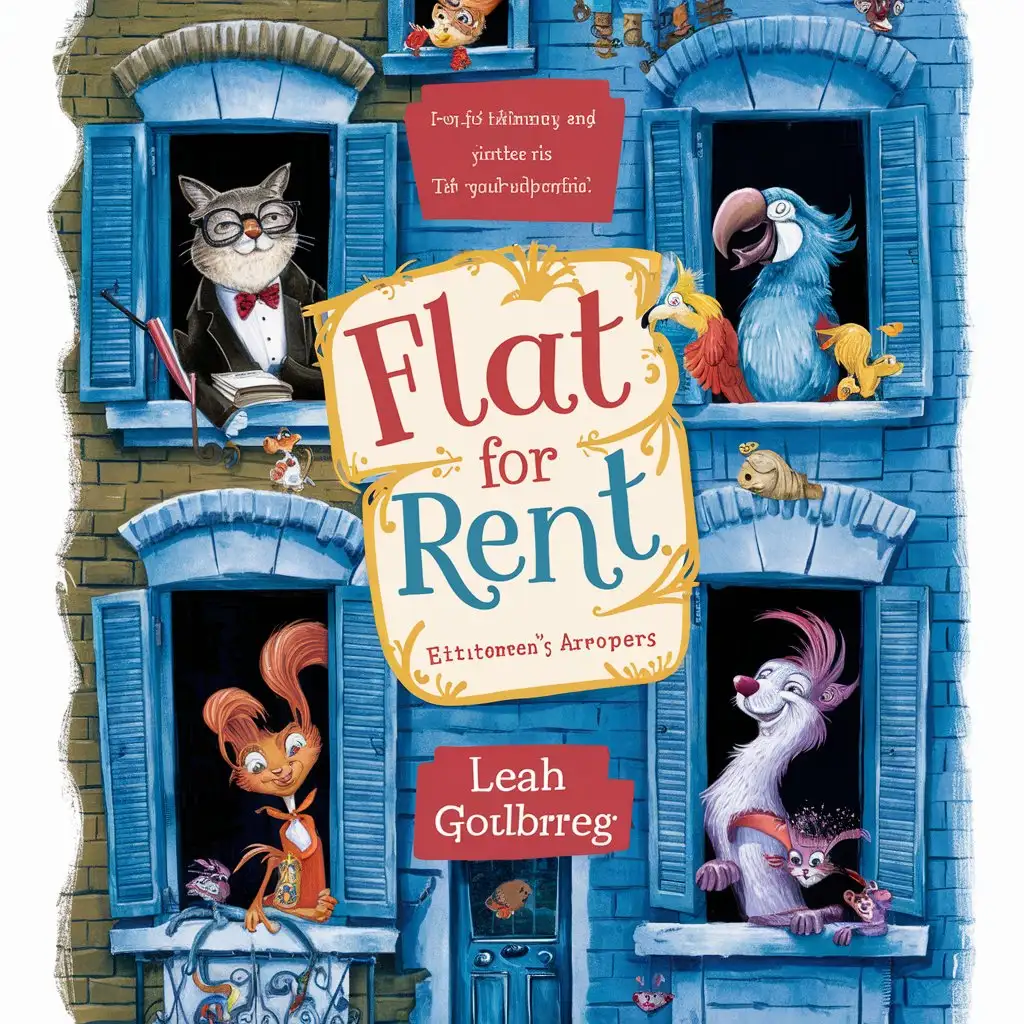 Design a whimsical and colorful book cover for a children's classic about two kids, Danny and Shmulik, who go on a humorous adventure to find a new tenant for their old, neglected apartment. The cover should feature a charming, rundown building with various quirky animal characters peeking out of the windows, such as a scholarly cat wearing glasses, a talkative parrot, an elegant squirrel, and other peculiar creatures. The overall style should be playful and vibrant, with a touch of vintage charm reminiscent of classic Israeli children's book illustrations. The title "Flat for Rent" and the author's name "Leah Goldberg" should be prominently displayed on the cover in a fun, eye-catching font. The design should evoke a sense of friendship, acceptance, and the celebration of uniqueness, which are the core themes of this beloved story.  This prompt provides the key elements and themes of the book, along with a description of the desired art style, to help the software generate a new cover design that captures the essence of "Flat for Rent" by Leah Goldberg.​​​​​​​​​​​​​​​​