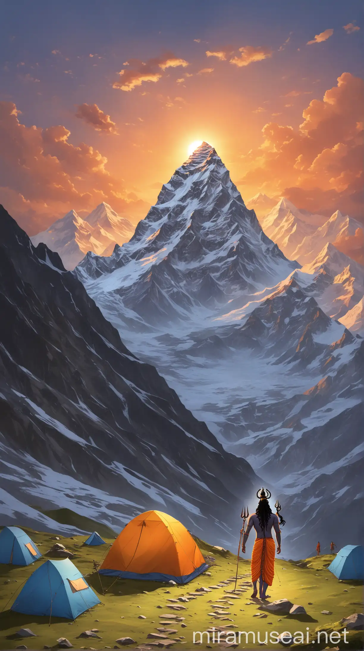 Lord Shiva Walking on Mountain Base Camp at Sunset amidst Verdant Greenery
