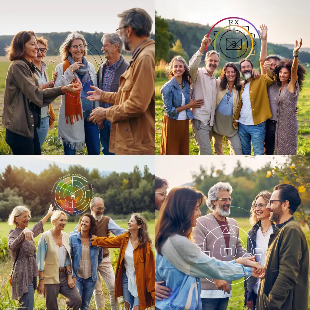group of middle-aged people in the countryside, in a friendly attitude, with the enneagram symbol, turn on rtx for max details --s 500 --style raw