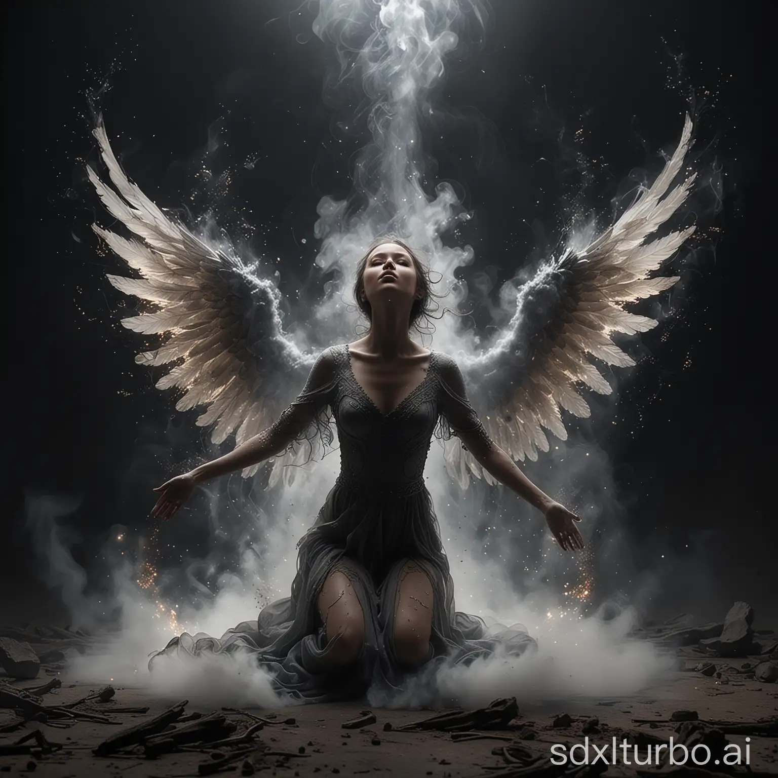 An ultra-detailed, ultra-realistic photo, 16k, 3D of a mystical scene featuring a kneeling figure with angelic wings, shrouded in a dynamic swirl of smoke, ashes, and sparks. The figure, which appears to be a female, is in a pose of reverence or summoning, with her right hand outstretched and glowing with an ethereal light. Her body seems to be made of a combination of organic and otherworldly materials, seamlessly blending into the smoky environment around her. The background is dark and filled with floating particles, enhancing the dramatic and otherworldly atmosphere.