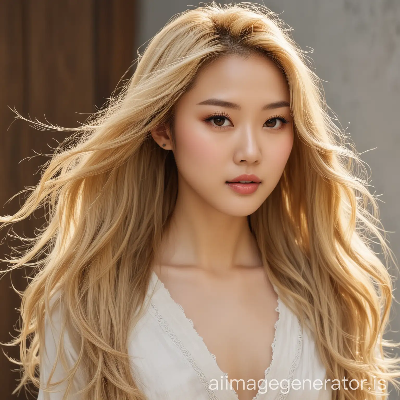 a beautiful and elegant Chinese woman with long, straight, dyed blonde hair. Her hair is a rich golden blonde and it falls in natural waves down her shoulders. Her skin is pale and flawless, and she has striking brown eyes that sparkle with intelligence and wit. Kai is known for her chic and stylish fashion choices; her outfits are never too revealing, but they are always fashionable and sophisticated.