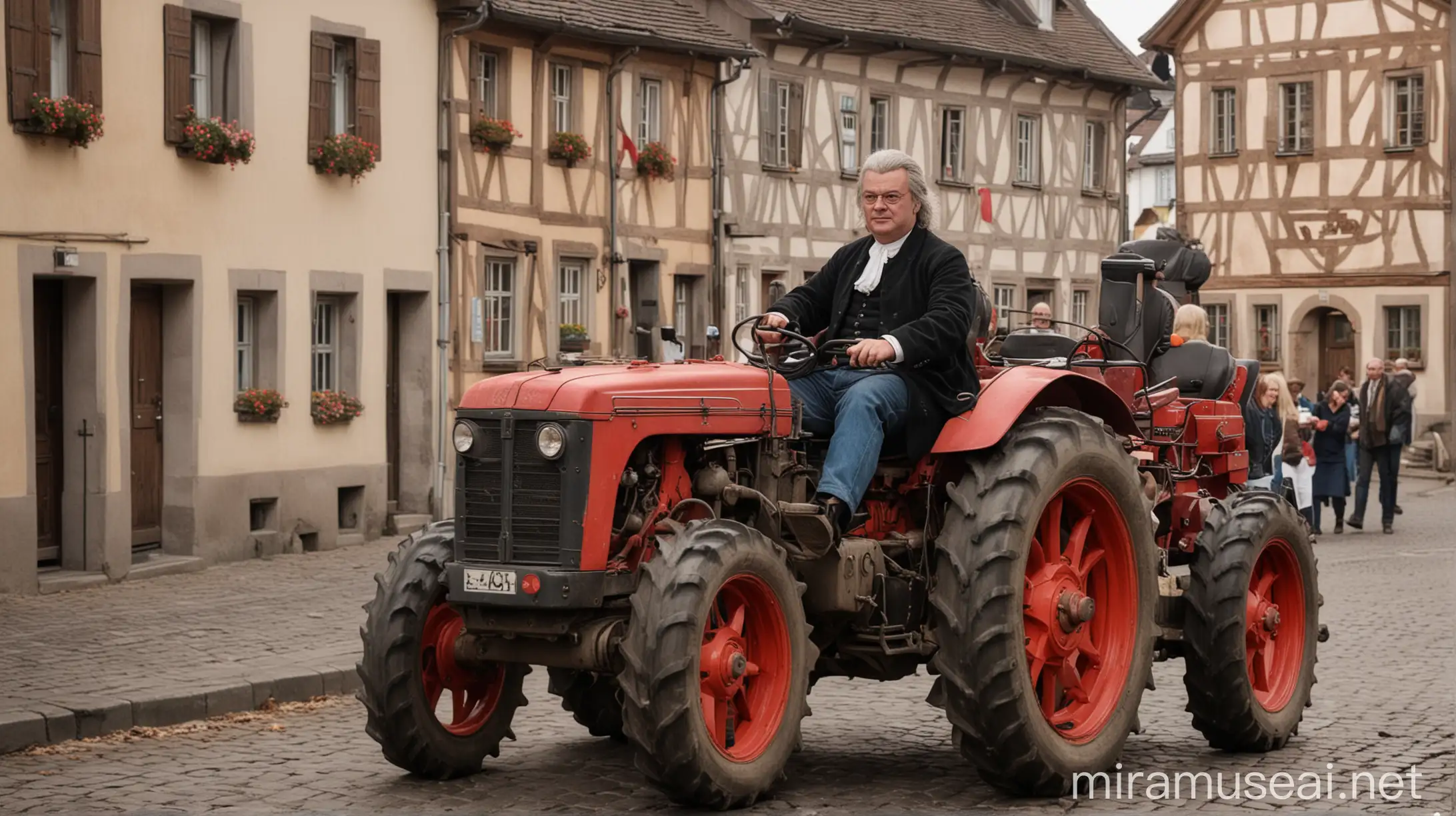 Johann Sebastian Bach driving a tractor in the streets of a German town