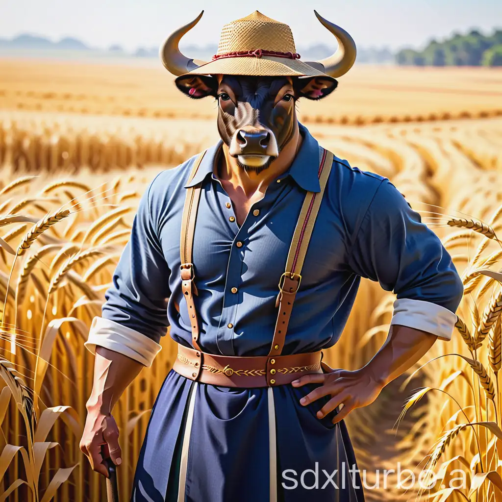 生肖牛，一位拟人的牛形象，身着传统的农民服饰，背景是一片金黄的麦田，展现出勤劳和稳重的特质。