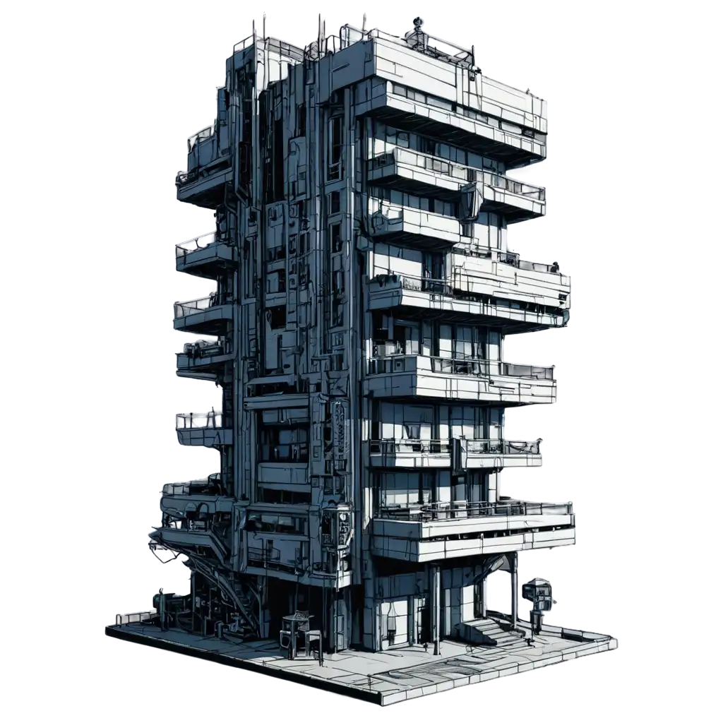 pen and ink futuristic cyberpunk building iometric 