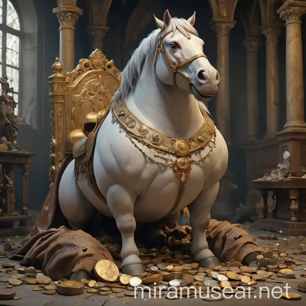 жирная лошадь с телом человека сидит на троне усыпаная монетами прямо