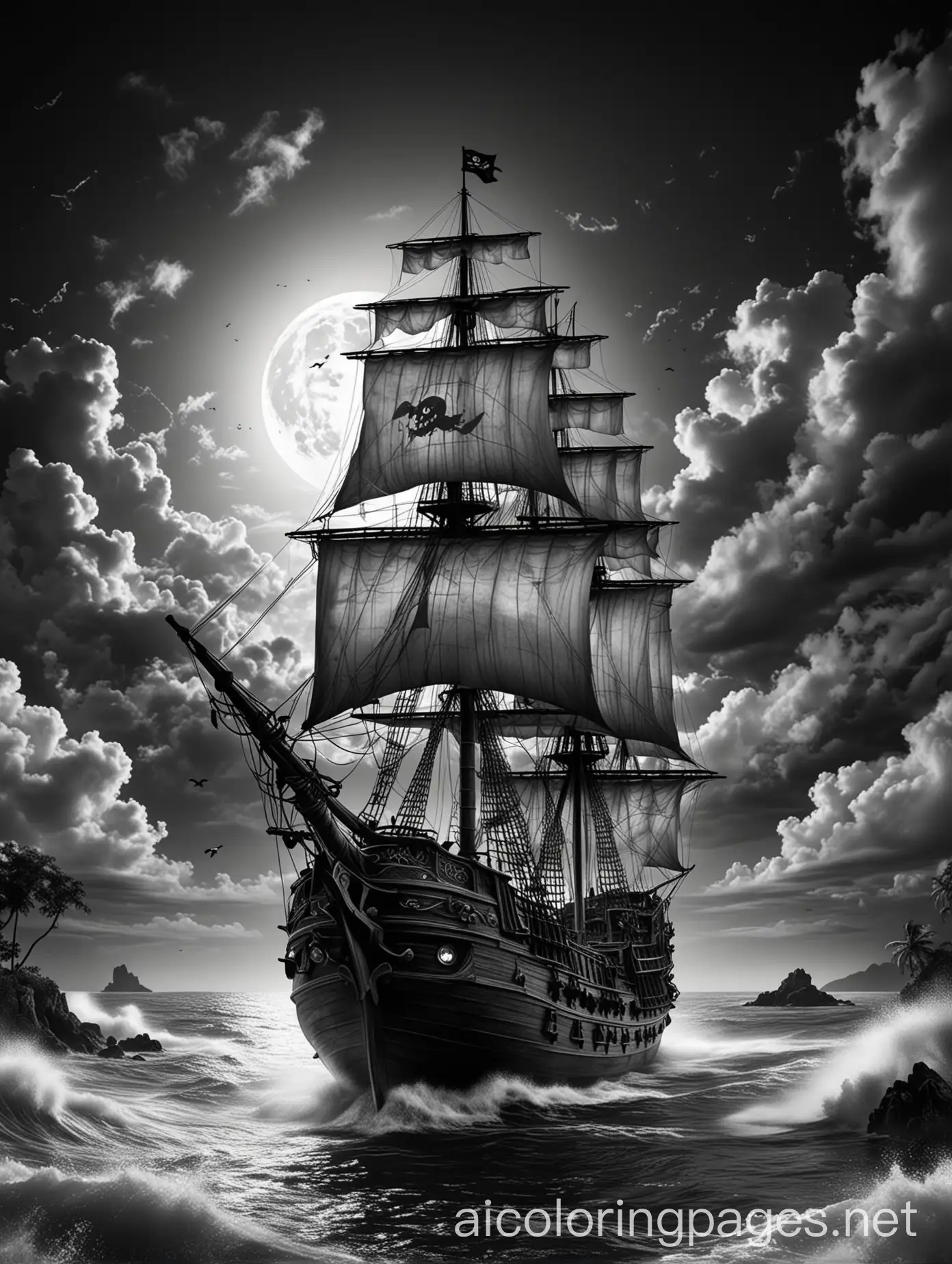 a captivating photo-realistic image of a pirate ship, near a tropical island, on a moonlit night, with billowing clouds, Coloring Page, black and white, line art, white background, Simplicity, Ample White Space
