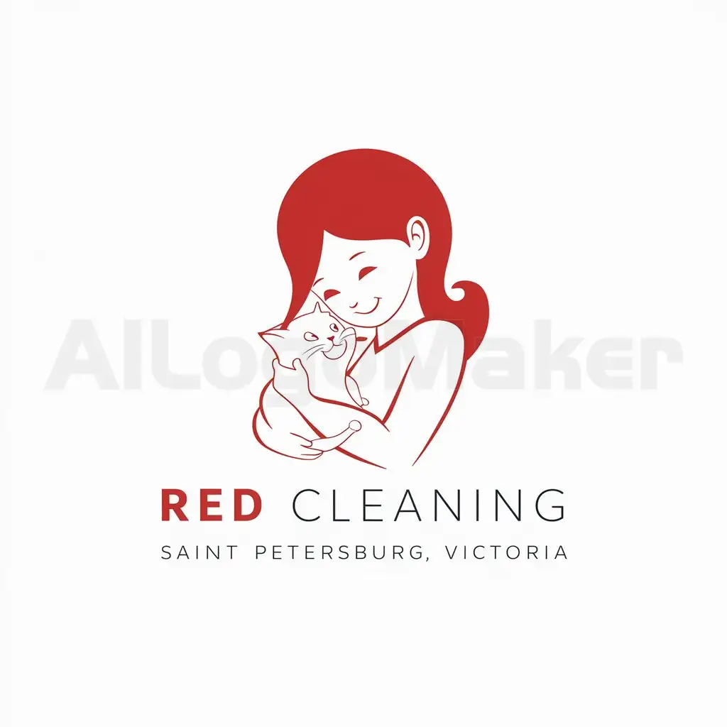 LOGO-Design-For-Red-Cleaning-Saint-Petersburg-Victoria-Minimalistic-Girl-with-Red-Hair-Embracing-Kitten