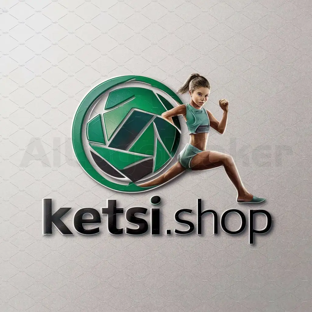 a logo design,with the text 'KETSI.SHOP', main symbol:Emerald color round ball, young beautiful figure of a girl.,complex,be used in Sports Fitness industry,clear background