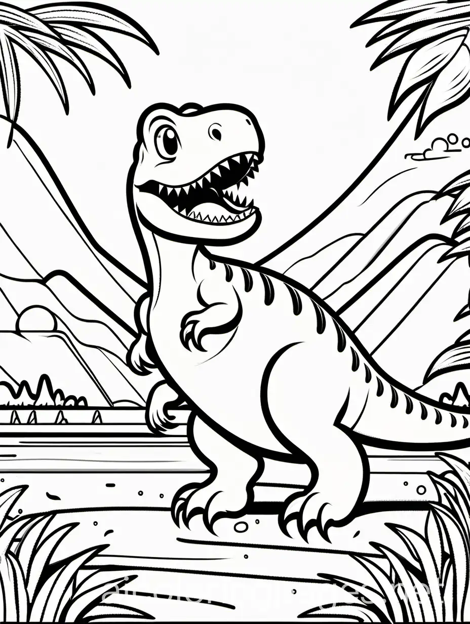 cute cartoon T-Rex

, Coloring Page, black and white, line art, white background, Simplicity, Ample White Space. The background of the coloring page is plain white to make it easy for young children to color within the lines. The outlines of all the subjects are easy to distinguish, making it simple for kids to color without too much difficulty