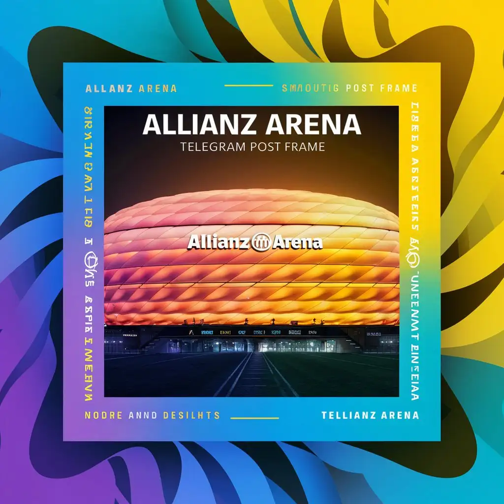 Рамка для картинок для постов телеграм в градиетовых цветах,  по краям вдоль рамки много надписей AllianzArena 
