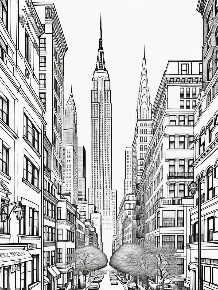 Design a sophisticated black-and-white illustration capturing the essence of a New York City block from a distant perspective, suitable for both a coloring book cover and a repeating print design. Envision a panoramic view of the cityscape, where a diverse array of townhouses stretches into the distance, each distinguished by its unique architectural style and silhouette. From sleek modern structures to quaint historic buildings, the townhouses create a captivating skyline against the backdrop of the city. The absence of color adds to the allure, allowing the intricate details of each building to shine through in crisp monochrome. Sparse yet deliberate, abstract cityscape elements fill the background, hinting at the bustling energy of urban life. Delicate trees and minimalist flora add depth and contrast to the scene, enhancing the overall composition. Some townhouses stand fully outlined, while others fade into the distance, inviting viewers to immerse themselves in the dynamic cityscape and imagine the stories behind each building. Above, a minimalist sky unfolds, featuring the outlines of distant skyscrapers and iconic landmarks, contributing to the sense of depth and scale. With its clean lines and sophisticated aesthetic, this illustration promises to serve as a versatile background, suitable for both a coloring book cover and a repeating pattern in print design, offering endless possibilities for creative exploration within a modern urban setting.