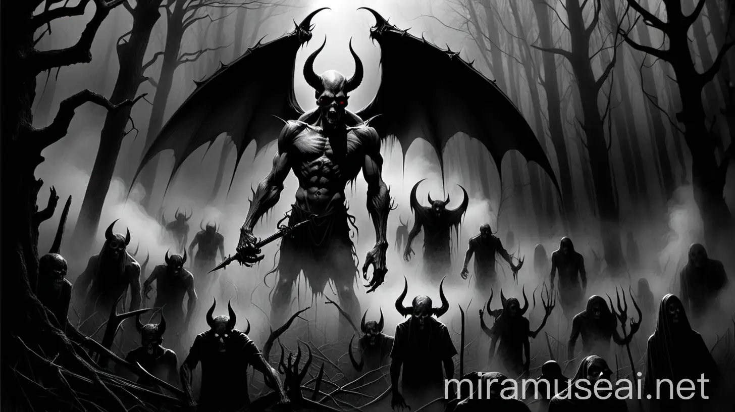 devil, dark, sketch art, skull ,black&wkite, lucifer, monste, horrible , poster, fog, gloomy forest, death, 