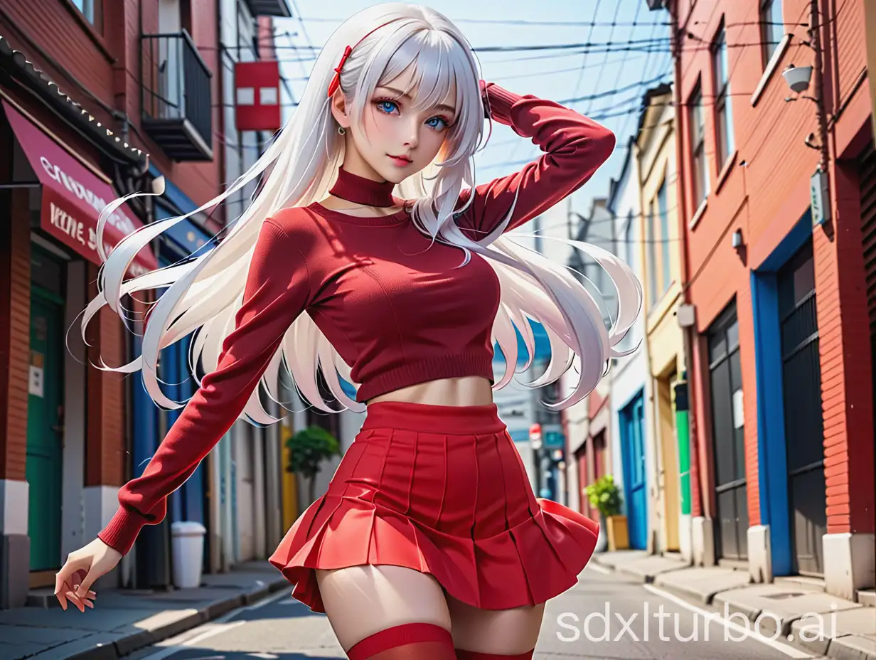 anime girl. white hair with a long tail and bangs. blue eyes. beautiful figure. 2 cup size. wearing tight red stockings on legs, white t-shirt tucked into tight red skirt, tight red crop sweater. skirt of medium size. background street. hair clip in hair. full height