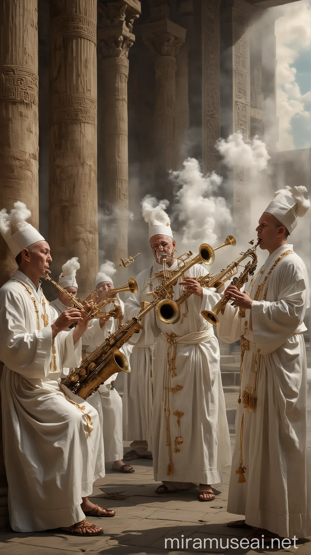 Priests in Fine Linen Robes Playing Musical Instruments Surrounded by Trumpeters in the Temple