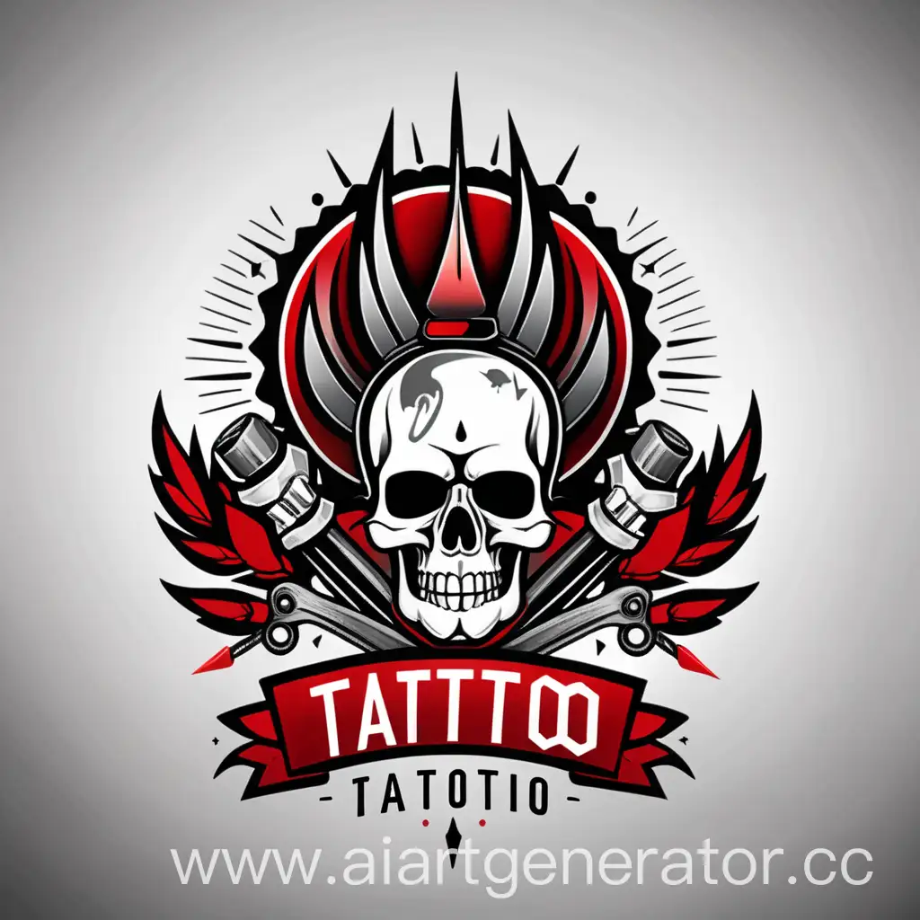 Логотип для тату студии, использовать только тату машинку, иглы, краски обязательно. Стиль: агрессивно современный. Цвета: красный, чёрный, серый, белый