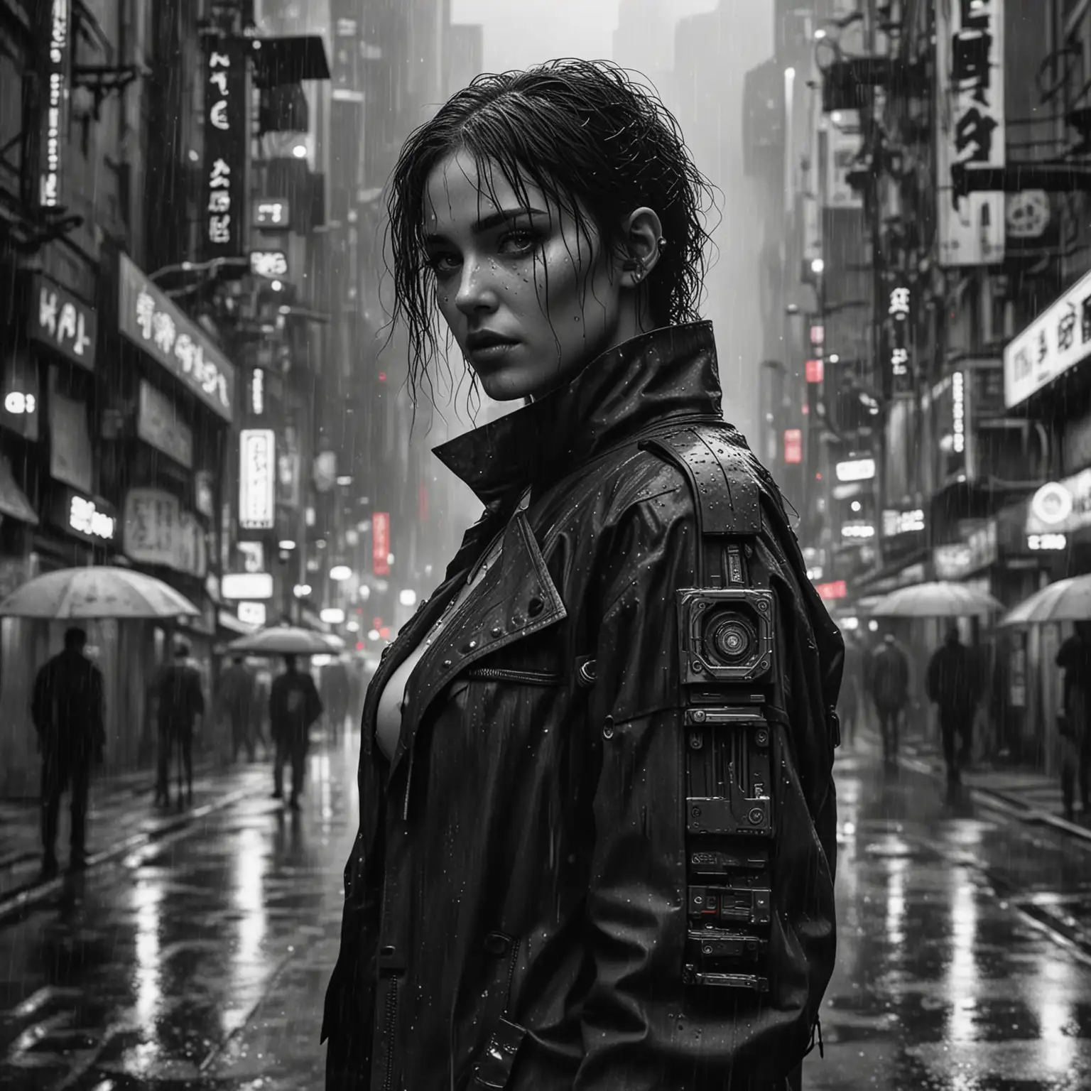 Replicant Walking in Rainy Cyberpunk Street Noir