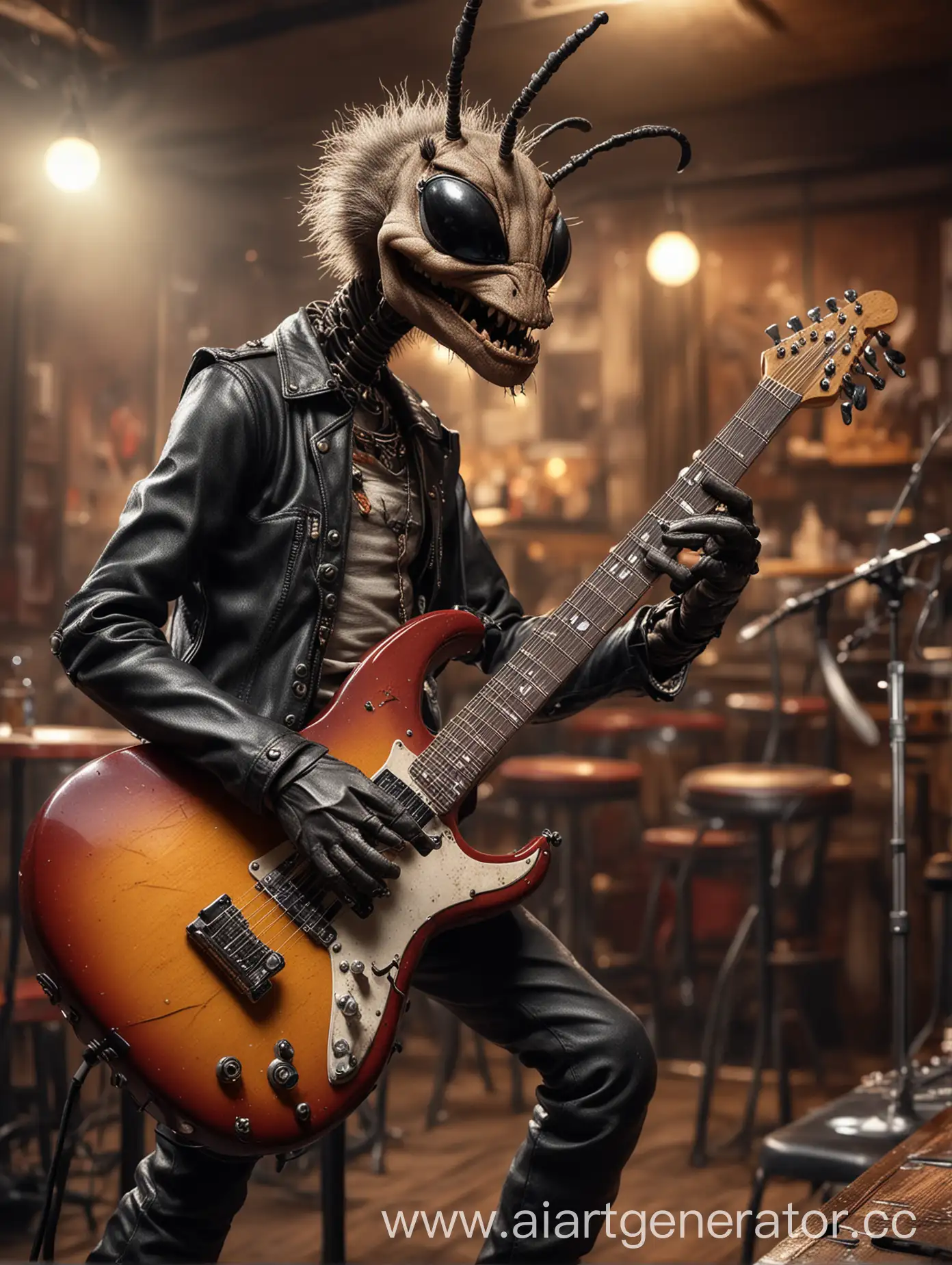 CloseUp-Photo-of-Ant-Rocker-Playing-Electric-Guitar-in-Bar